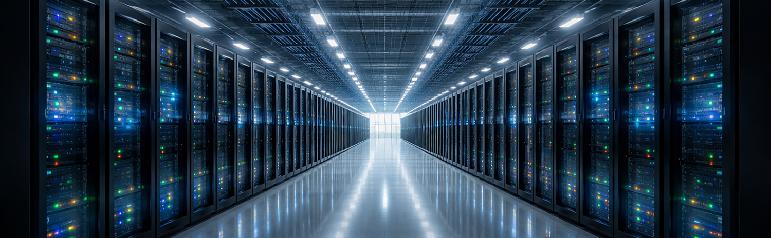 Modern data centre server racks with LED lighting and advanced computing infrastructure